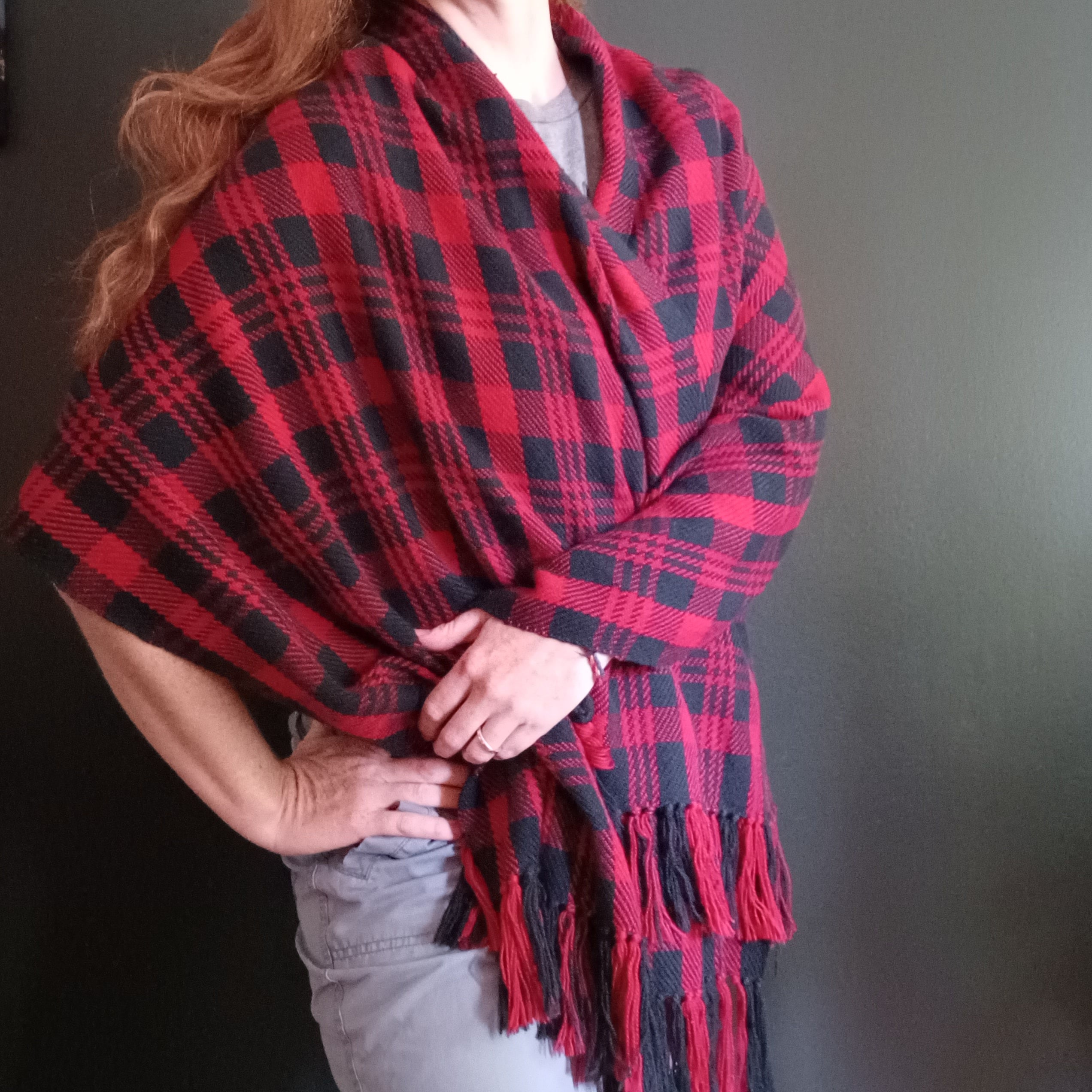 Red and hot sale black plaid shawl